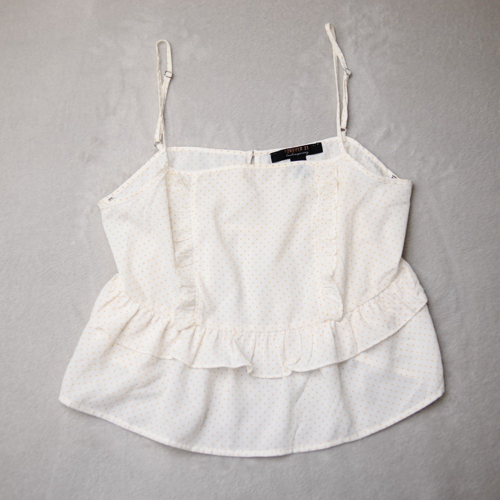 Polka‎ Dot Babydoll Cami Top Women L White Yellow Coquette Cottage Romantic Twee